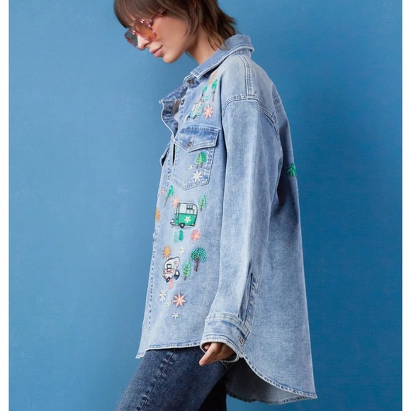 Billy T Denim Happy Camper Embroidered Shirt Shacket Overshirt MSRP $142 - Picture 4 of 16